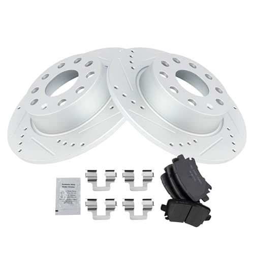 Image of TRQ Performance Rear Brake Pad and Rotor Set Ceramic Drilled Slotted G Coated Rotors Compatible with 2010 Volkswagen Golf 2011 2017 GTI
