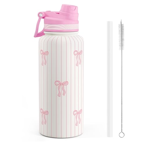 SANDJEST Bow Stainless Steel Water Bottle with Strap 32oz, Insulated Bottles with Straw and Spout Lid for Gym Sports Travel Outdoor, Gifts for Women Girls Birthday Christmas