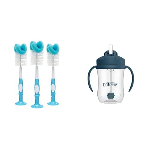Dr. Brown's Baby Bottle Cleaning Brush Sponge and Scrubber Blue - 3-Pack & Milestones Baby’s First Straw Cup, Training Cup Weighted Straw, Dark Blue, 6m+ 3-Pack