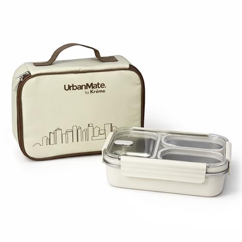 Image of Kreme UrbanMate Bento Lunch Box with Carry Bag 800 ml, 3 Compartment Lunch Box, Stainless Steel, Leak Proof, Spill Proof, Ideal for Adults, Teenagers and Kids, Ivory