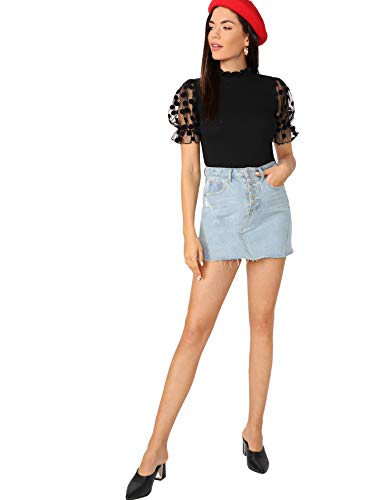 Romwe Women's Summer Short Sleeve Mock Neck Casual Blouse Tops Mesh Black Small #TOP4
