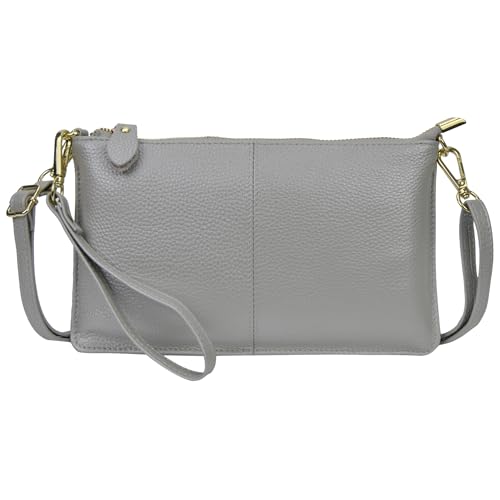 NGIL Bolsa tiracolo feminina de couro legítimo, bolsa feminina, bolsa de ombro chique, carteira de pulso pequena, zíper dourado, Prata, Medium