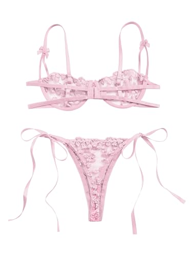 Image of Lilosy Sexy Tie Side Cute Underwire Push Up Strappy Embroidered Mesh Sheer Lingerie Set