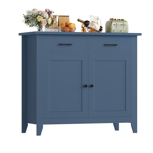HOCSOK 91cm Sideboard with 2 Drawers & 2 Doors, Modern Kitchen Storage Cabinet, Hallway Cupboard for Dining Room & Living Room, Easy Assembly, Sturdy MDF, Coastal Blue