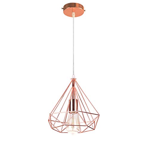 E27 Vintage Lustre Métal Suspension industrielle 25cm, Lampe de Plafond Abat-Jour Luminaire sans housse Forme Diamant Décoration d'éclairage pour Cuisine Hôtel Salon Chambre Escalier Couloir,or rose