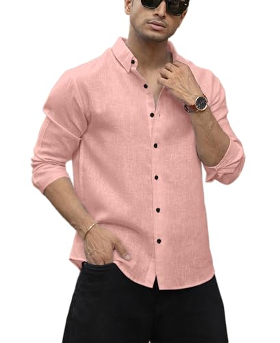 Image of Men's Solid Linen Cotton Shirt | Casual Style | Plain Design | Full Sleeve | Summer Regular Fit | Stylish Shirt for Men | Formal Wear