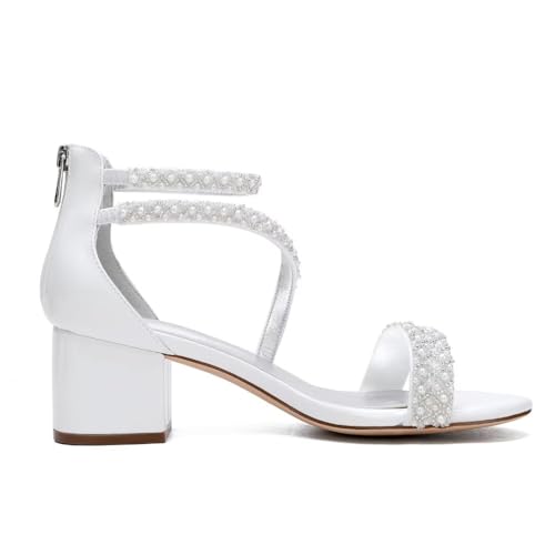 Image of Low Block Heel Wedding Sandals for Bride Open Toe Wedding Shoes Pearl Wedding Heels Bridal Shoes