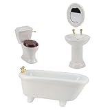 Waldosia 1:12 Scale White Porcelain Dollhouse Bathroom Set – 4-Piece Miniature Furniture with Bathtub, Pedestal Sink, Toilet & Mirror