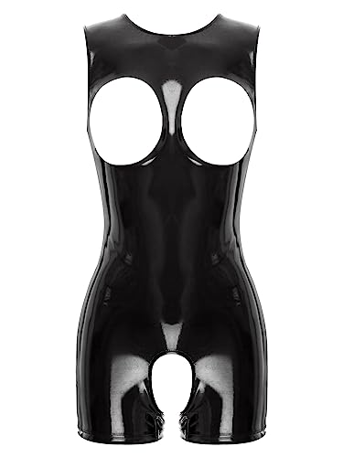 TiaoBug Damen Wetlook Bodysuit Ouvert Hose Kurz Latex Catsuit Lack Leder Overall Jumpsuit Ärmellos Tank Top Hot Pants Sexy Dessous Gogo Clubwear Schwarz G M