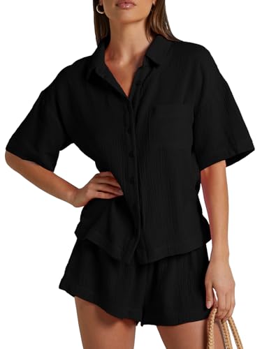 Flygo Women Casual 2 Piece Outfits Cotton Lounge Sets Loose Button Down Shirt and Shorts Pajama Gauze Set Beachwear