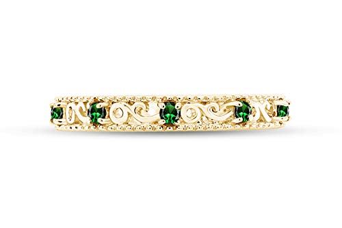 Stackable Ring for Women, 14K Gold Over 925 Sterling Silver with Round Cut Simulated Green Emerald, Dainty Band Ring Jewelry Gift for Her (Band width 3.5mm)