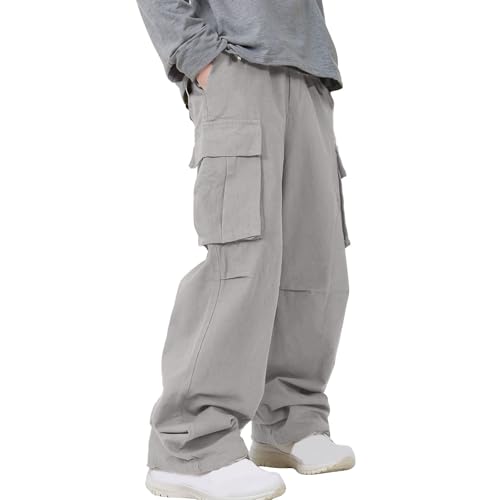 Mens Wide Leg Cargo Pants Elastic Waist Loose Fit Multi-Pocket Solid Color Sweatpants Baggy Leisure Trousers4