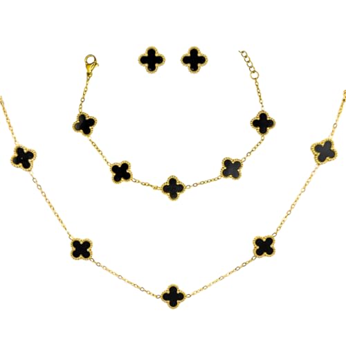 Kit Colar Choker Pulseira E Brinco Trevo Preto Gargantilha Sorte Luxo Elegante Virginia Aço Inox Dourado Inspire by Adriana