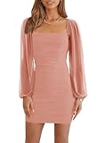 Picture of Ofenbuy Women's Mesh Long Sleeve Dress Square Neck Ruched Mini Bodycon Dress Stretch Party Cocktail Dresses Pink Orange
