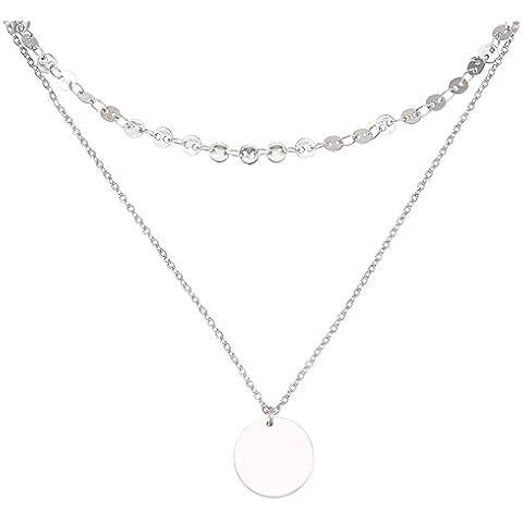 BaubleStar Layered Coin Choker Charm Necklace Silver Boho Solid Round Disc Pendant Layering Stainless Steel Tier Tiered Collar Necklaces for Women Cover