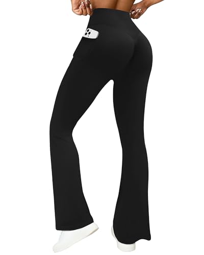 COPYLEAF Womens Scrunch Booty Lifting Leggings No Front Seam Flare Yoga Pants with Pockets Resistance Band Workout Leggings