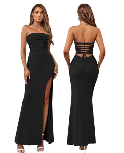HTZMO Womens Tube Top Strapless Slit Bodycon Maxi Dress Sexy Tie Back Wedding Guest Party Long Dresses