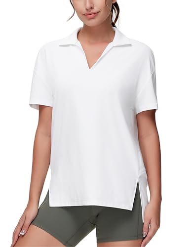 THE GYM PEOPLE Women's Loose fit Workout Polo Shirts Back Short Sleeve V Neck Tees Tops with Side Slits White