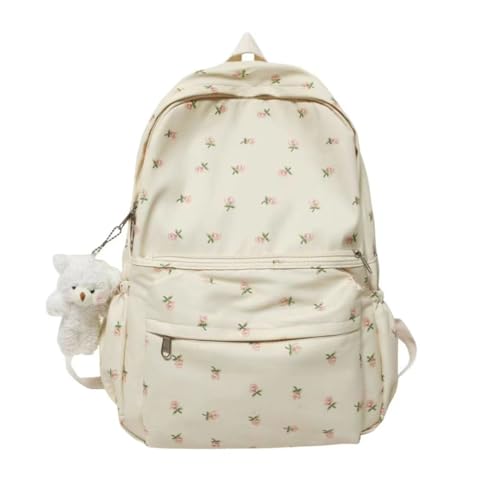 POMN Kawaii Backpack Floral Aesthetic Backpack Cute Flower Canvas Backpack Casual Travel Daypacks (Beige)