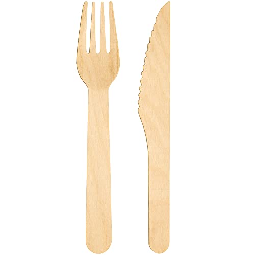 ECOCLEO® Eco Einweg Besteck | 200 Stück Set | Lebensmittelecht aus Birkenholz | 100 Gabeln + 100 Messer | Holzbesteck Ideal für Grillen, Geburtstag und Party | EU Made