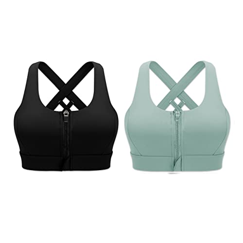 Image of Cordaw Zipper in Front Sports Bra High Impact Strappy Back Support Workout Top