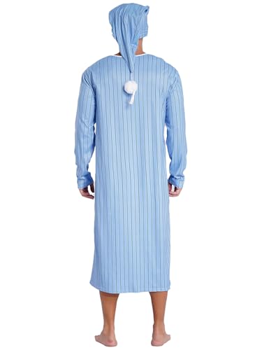Men's 2Pcs Nightshirt Long Sleeves Striped Shirt Nightgown Nightwear Pajamas Nightdress with Hat3