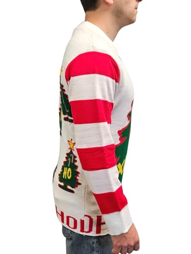 I Love Xmas HO HO HO Ugly Christmas Sweater - Holiday Movie Costume Party 00s Gift - Stripes Tree Star Candy Canes - White3