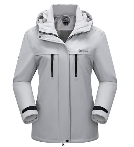 BOWOXO Women's Ski Jacket Thicken Winter Snow Coat Warm Fleece Mountain Waterproof Female Jacket Hooded Windbreaker(Grey,L)