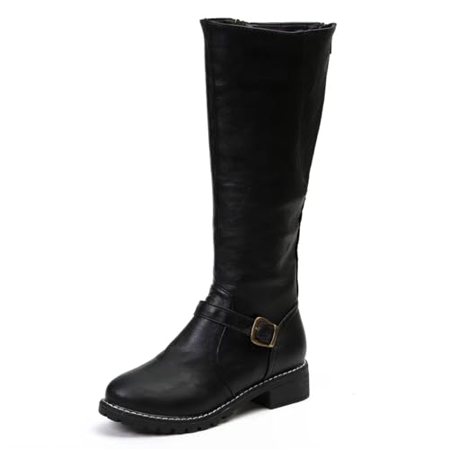 Womens's Knee High Boots Low Heel Wide Calf Round Toe Tall Riding Boots Side Zipper Slouchy Buckle Strap Western Booties