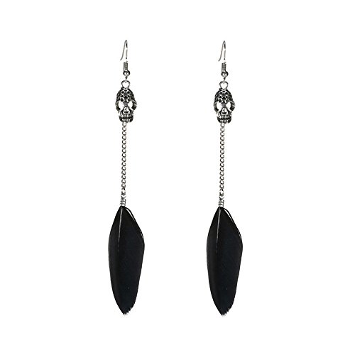 Personality Skull Black Feather Long Dangle Earrings for Women Girls Halloween Gifts