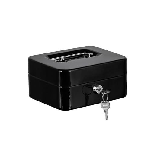 iTrend Black Cash Box 6" - Lockable Safe Box with 2 Keys - with Removable Coin Tray - Portable and Secure Money Tin - Metal Construction - Ideal for Storing Cash, Coins, Receipts, or Documents