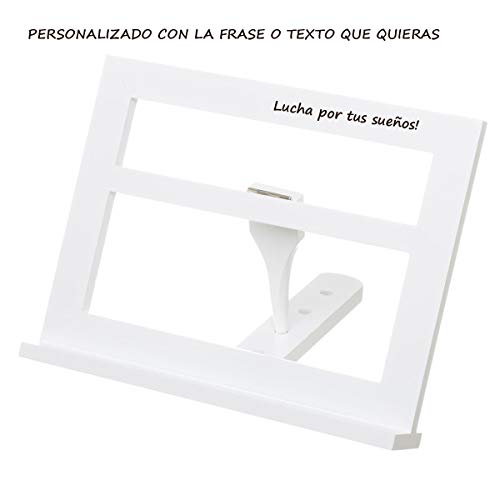 Atril soporte para libros, de madera blanco, PERSONALIZADO con la frase o...