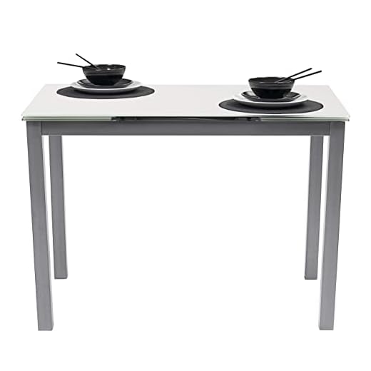 Homely Mesa de Cocina Extensible Paris Estructura en Metal Gris y Tapa de Cristal Templado Blanco (110x70cm/30+30 cm)