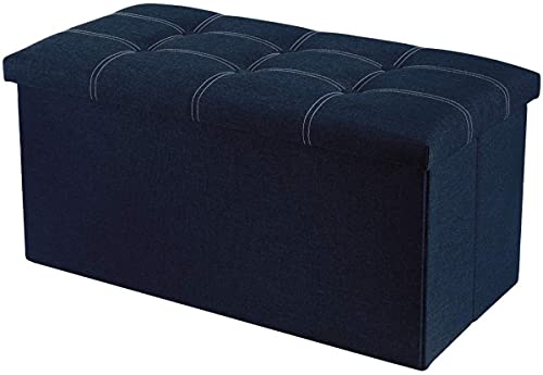 Image of ABTRIX WITH AB 30 inches Storage Ottoman Bench, Foldable Footrest Shoe Bench with 80L Storage Space, End of Bed Storage Seat, Support 150kg, Linen Fabric, Dark Blue