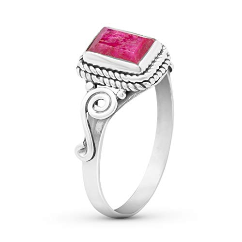 Koral Jewelry Square Created Ruby Ring 925 Sterling Silver Ethnic Vintage Tribal Gipsy Boho Look (8) #TOP1