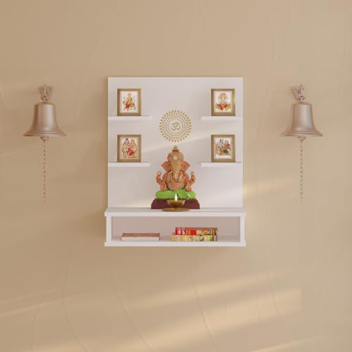 Image of BLUEWUD Dhruv Wall Mount Wooden Mandir for Home, Temple for Home, Pooja Stand with Storage Shelves for Idold & Frames, Compact Mandir Temple Unit for Shops & Office (White)