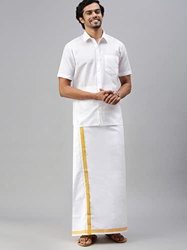 Image of RAMRAJ COTTON Men Solid Regular Fit Half Sleeve Ethnic White Cotton Blend Shirt