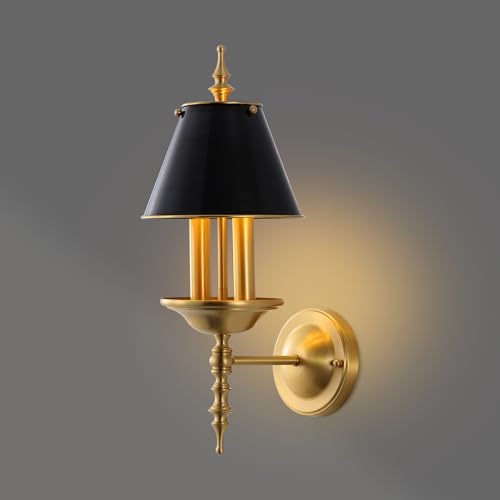 Image of BYOLIIMA Brass Wall Sconce 2-Lights Modern Gold Black Bathroom Wall Lighting Vanity Light Fixtures Solid Copper Shade Industrial Wall Mount Lights for Bedroom Living Room E12