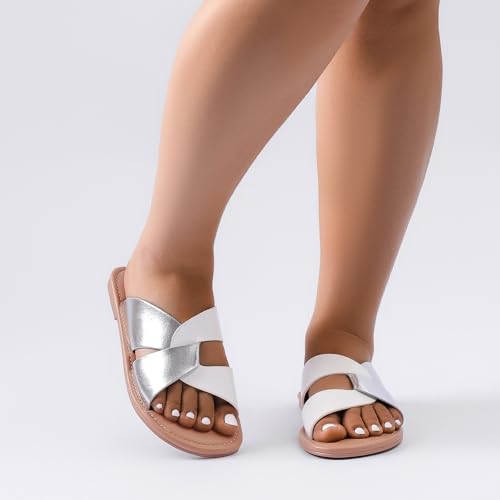 Image of Luoika Women's Wide Width Flat Slides Sandals, Strapy Slide Sandal Slip on Dressy Summer Shoes for Women.