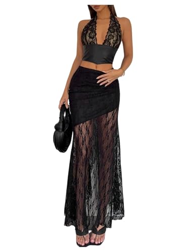 Verdusa Women's Floral Lace Sheer Elegant Skirt Vintage High Waist Maxi Party Skirts