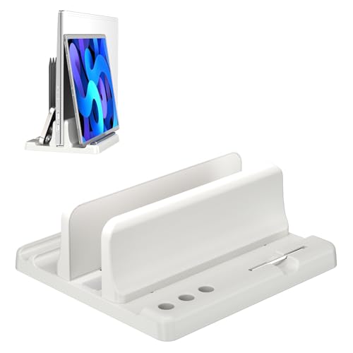 Vertical Laptop Stand Holder - Adjustable ABS Plastic Desktop Management Notebook Dock, Space-Saving 3 in 1 Compatible with All MacBook Pro Air, Mac, HP, Dell, Microsoft Surface (White-1 Slot Version)