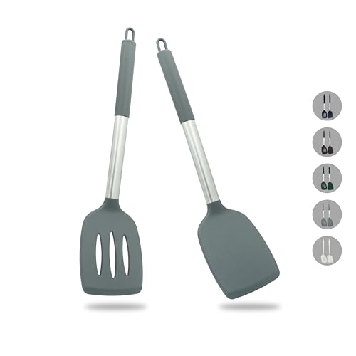 ZAIGON Juego de 2 robustas espátulas de silicona antiadherente - Resistentes al calor y sin BPA - Utensilios de cocina ideales para pescado, huevos y tortitas (Gris)