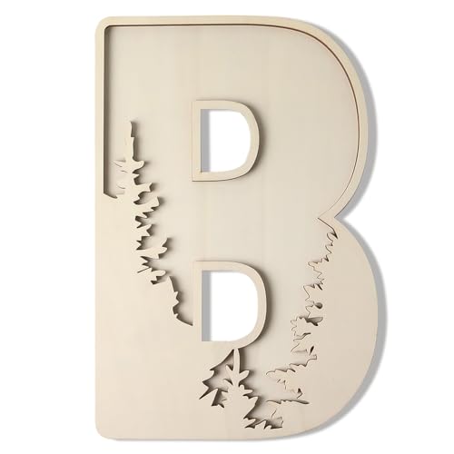 Woodland Layered Wooden Letters 12 Inch, Boho Large Wooden Name Signs for Nursery Big Paintable Wooden Letter B Cutout Wood Forest Letters Alphabet for Wall Decor Baby Name Kids Room Wall Art