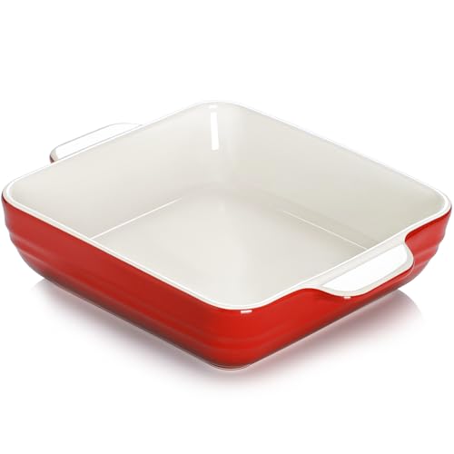 NUTRIUPS Fuente cuadrada para hornear de 8 x 8 pulgadas, sartén de cerámica de 1.5 L con asas, cacerola para horno, utensilios de porcelana para hornear (rojo degradado)