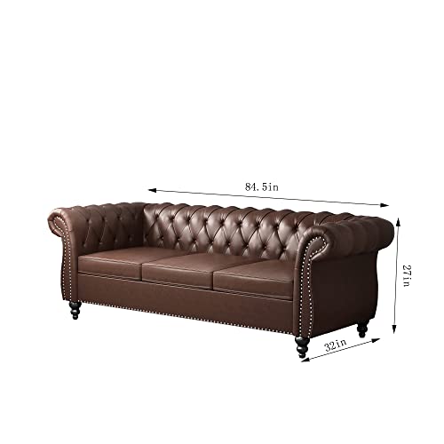 Image of ORRD 3 Piece Living Room Set, Chesterfield Leather Sofa Loveseat Couch Chair with Scroll Arms and Nailhead for Living Room, Office (Dark Brown)