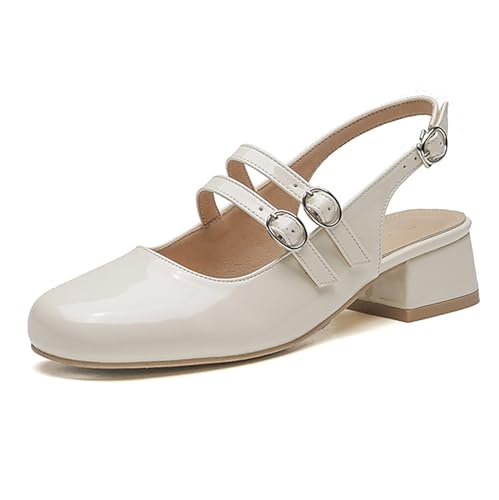 Women Patent Leather Round Toe Strappy Low Chunky Heel Mary Janes Pumps,Classic Elegant Dress Slip-On Squares Heel Shoes with Adjustable Buckle