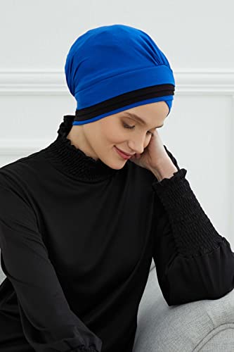 Aisha's Design Pre-tied Instant Turban Head Wraps for Women, 95% Cotton Chemo Headwear, Hijab Scarf 2-Color, Sax Blue - Black
