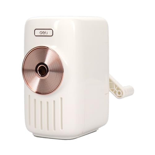 deli E71165A 鉛筆削り 手動 ホワイト 白 シンプル レトロデザイン コンパクトでおしゃれ 自動ペン送り機能付 上部な合金鋼カッターを採用 <芯の太さが5段階で調節可能> <ハンドルを回すと音楽が流れるオルゴールデザイン> 鉛筆 色鉛筆 6.9