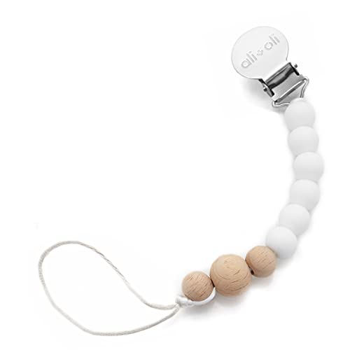 Image of Ali+Oli Silicone Pacifier Clip for Baby (White Wood) 100% Food-Grade BPA Free Newborn Pacifier Holder Infant Binky Clip for Baby Boy or Girl | Food-grade material, Keeps soothers within reach, Secure attachment, Lightweight, Everyday use, Easy cleaning