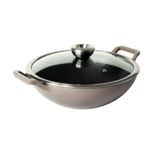 Image of Meyer Enamel Cast Iron Kadai | Iron Kadhai with Lid | Iron Kadai Big Size for Cooking | Deep Kadhai Induction Base | Kadhai Heavy Bottom | Enameled Cast Iron Cookware, 26cm,Grey